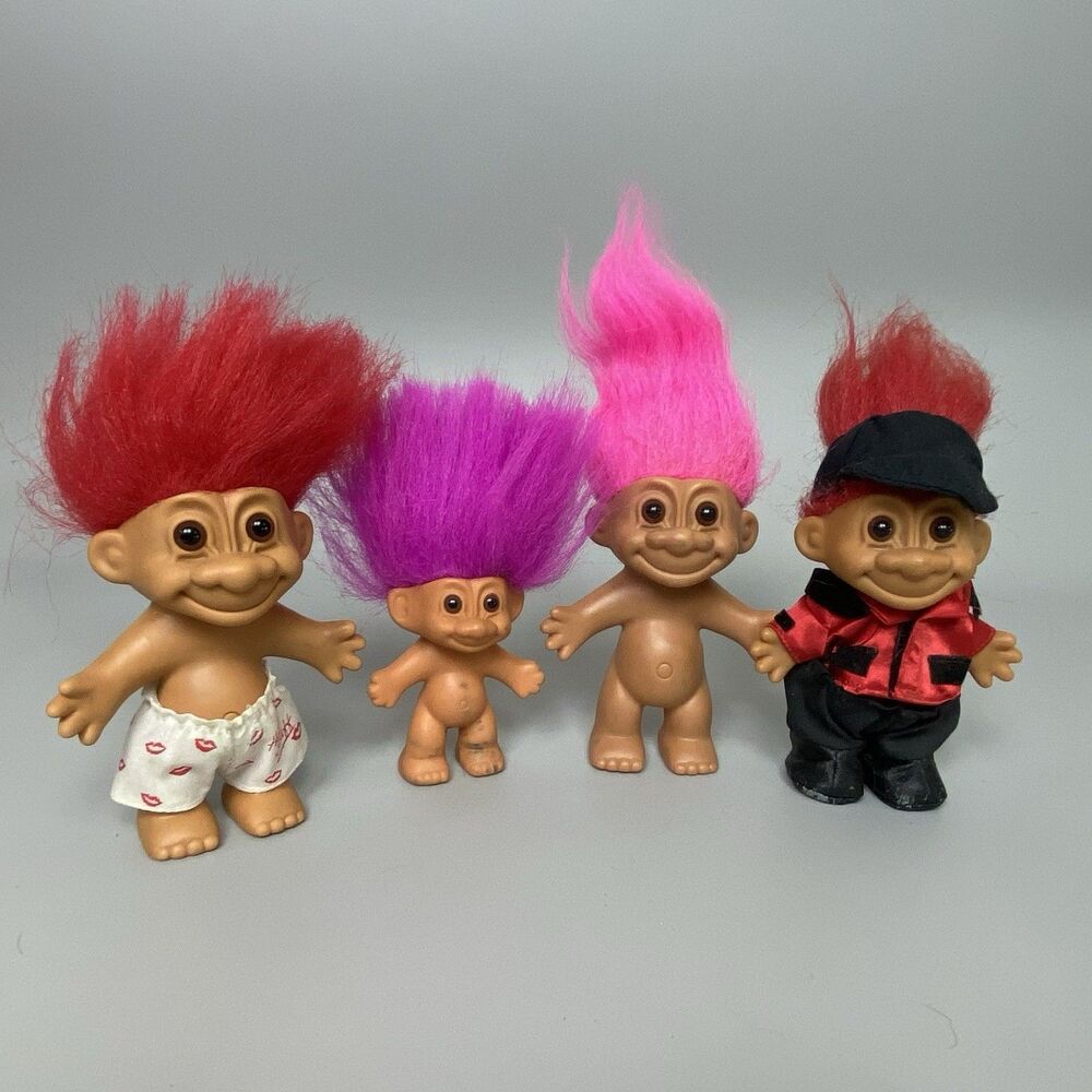 Vintage Russ Troll Dolls Red Purple Pink Hair Russ Trolls Dressed Nude Lot of 4